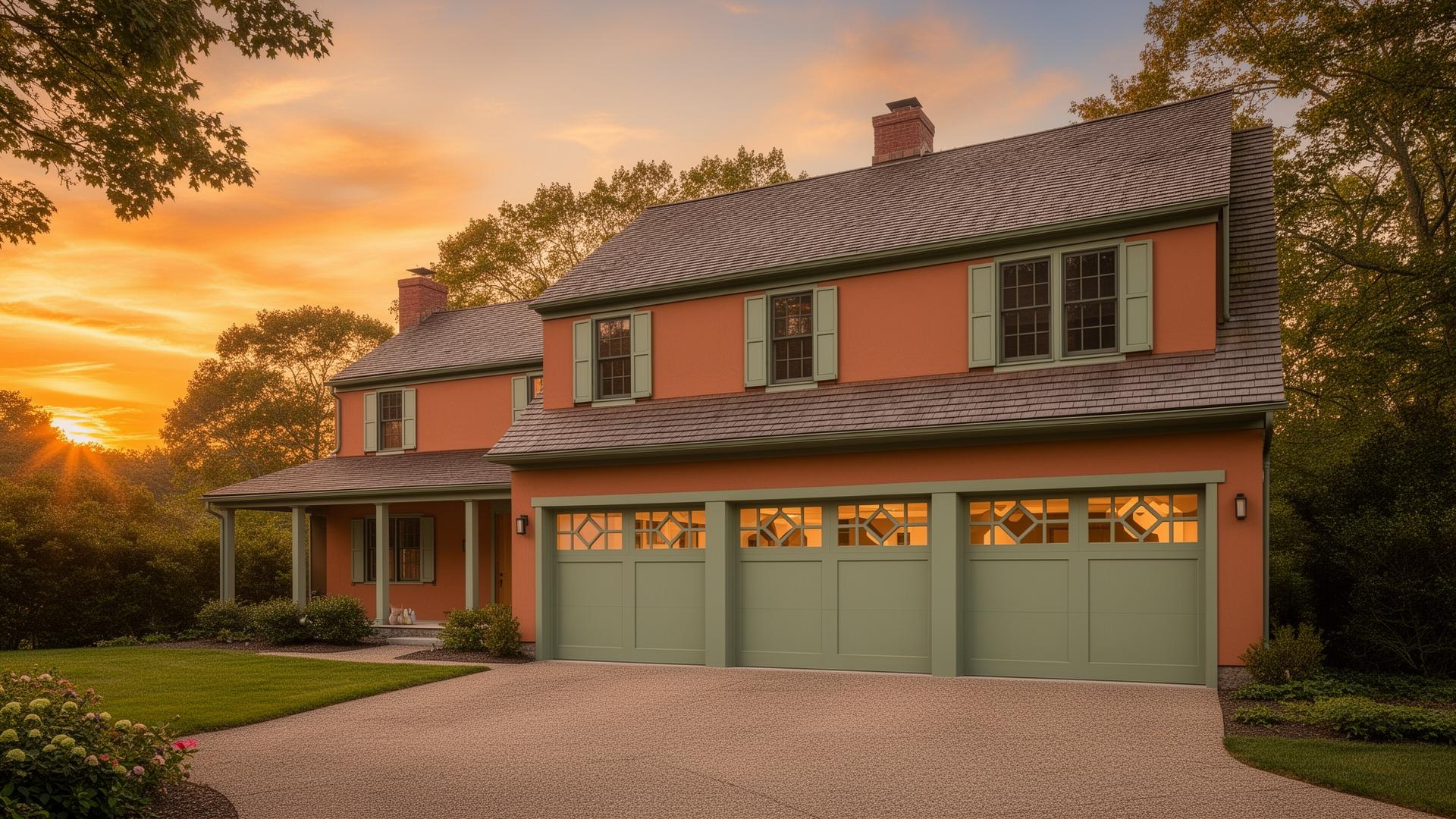 Beautiful colonial home with mid-century modern garage doors at golden hour sunset